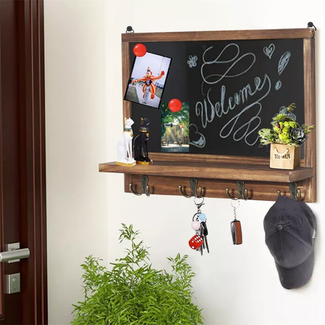 Wall Mount Entryway Massage Chalkboard with Display Shelf&4 Dual Metal Key Hooks