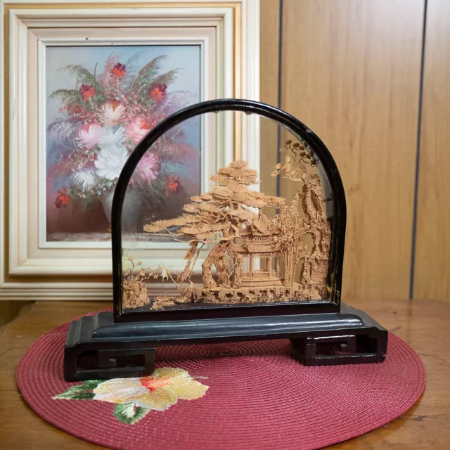 VTG Cork Lacquered Wood Diorama Hand Carved Asian Crane Pagoda Trees  9.5" Tall