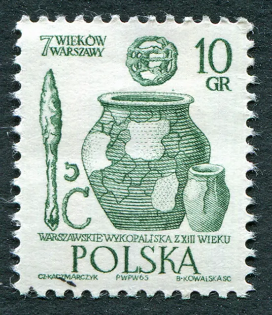 POLAND 1965 10g myrtle-green SG1576a used FG Warsaw 700th Anniv PERF12x12.5 #A02