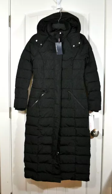 Nwt Womens Tommy Hilfiger Black Puffer Jacket Hood Zip Primaloft Long Coat Xxs