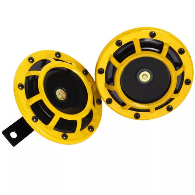 2pc Yellow Grill Super Loud Blast Tone 12V Compact Electric Horn Car Truck S2