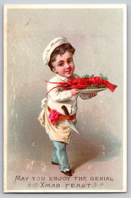 Boy Chef With Lobster on a Platter Xmas Feast Blank Victorian Trade Card