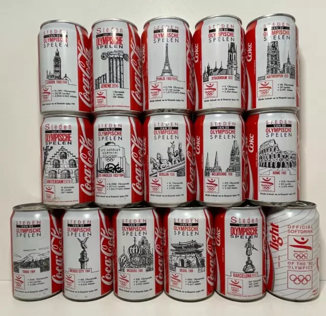 Coca Cola Coke Cans; Olympic Host Cities Barcelona 1992 15+1 Can Set, Holland