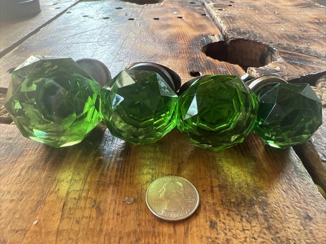 Antique green crystal glass door handle, victorian style, diamond cut design