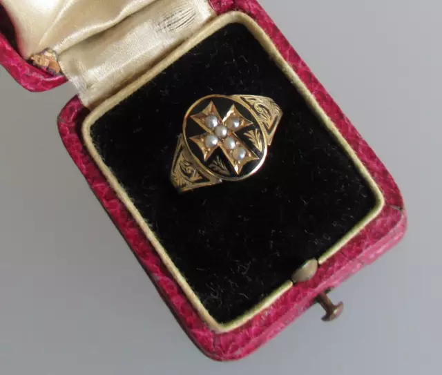 9c GOLD RING Antik TRAUERSCHMUCK KREUZ Perlen Emaille US 7 / 54 Victorian