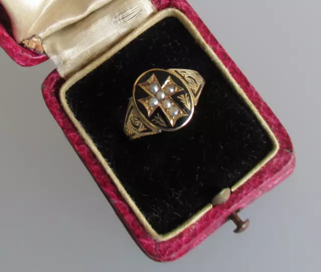 9c GOLD RING Antik TRAUERSCHMUCK KREUZ Perlen Emaille US 7 / 54 Victorian 9c GOLD RING Antik TRAUERSCHMUCK KREUZ Perlen Emaille US 7 / 54 Victorian