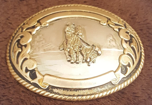 Vtg Tony Lama German Silver & Bronze Western Trophy Belt Buckle 115g Calf Rope