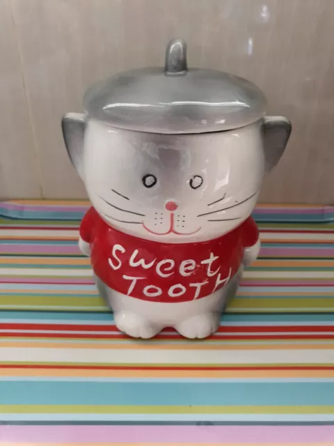 Vintage SWEET TOOTH CAT Biscuit Barrel / Cookie Jar Ceramic Pussy Cat VGC