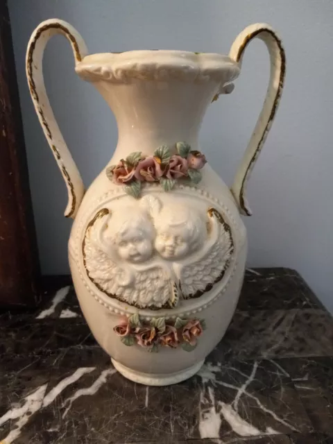 Beautiful Old Vintage Cherub Vase Urn Floral Antique Victorian Style Cream Pink