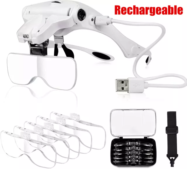 5 Lens Magnifying Glasses LED Headband Headset Head Magnifier Lam Rechargeable