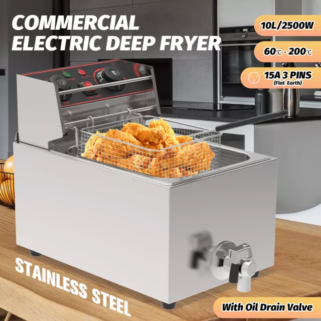 2500W 10L Electric Deep Fryer Basket Chip Cooker Steel w/Oil Drain Valve AU