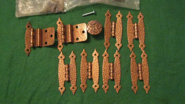 Lot-Primitive Hammered Copper Hinges (8), Knob(1) Made In The Usa, Rockford, Il