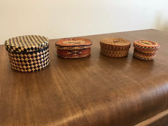 4 Vintage Hand-Woven Baskets With Lids