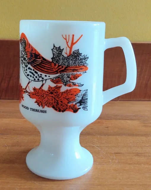 Vintage Milk Glass Pedestal Footed Coffee Mug/Cup Orange Birds Wood Thrush