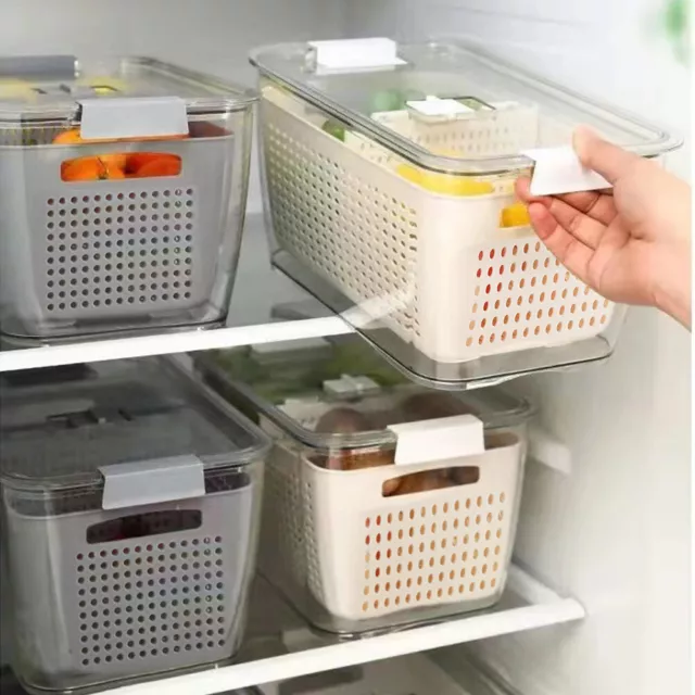 Fridge Drain Storage Basket Box Double Layer with Lids For Food Fruit Vegetable