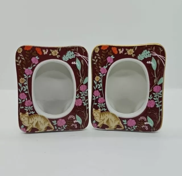 2 Vintage Porcelain Tabby Cat Floral Photo Frames Japan 3.5" X 3"