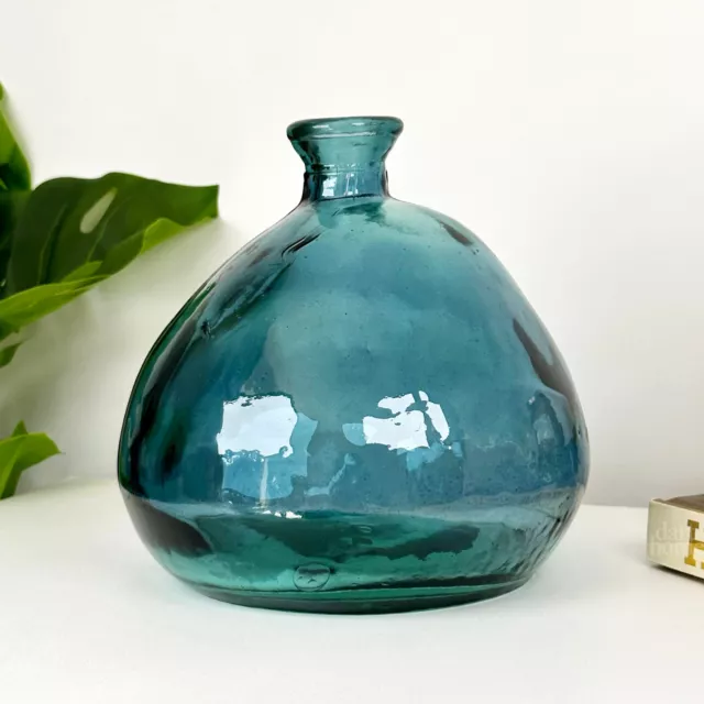 Teal Bubble Vase Recycled Glass Light Blue Wide Bottle Mediterranean Modern Deco