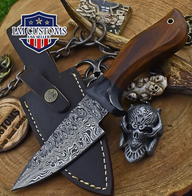 Custom Hunting Skinner Knife Ladder Damascus Walnut Wood Wooden Bolster Fishing