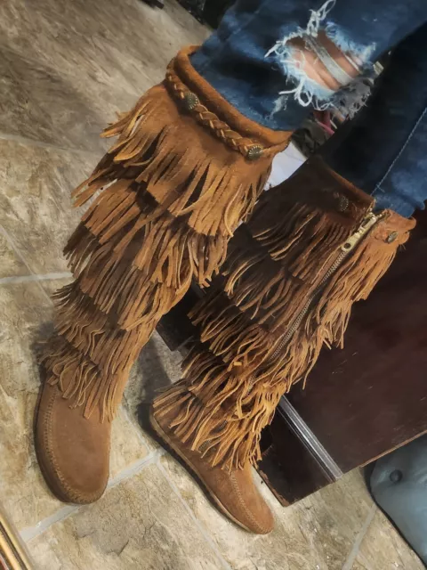 MINNETONKA MOCCASINS 3 LAYER FRINGE Suede Leather VTG Tall Boots
