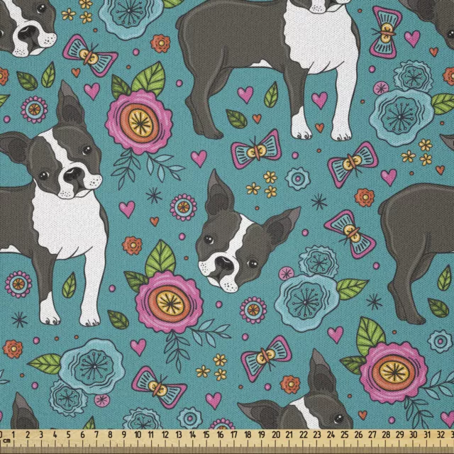 Hund Microfaser Stoff als Meterware Woodland Boston Terrier Floral