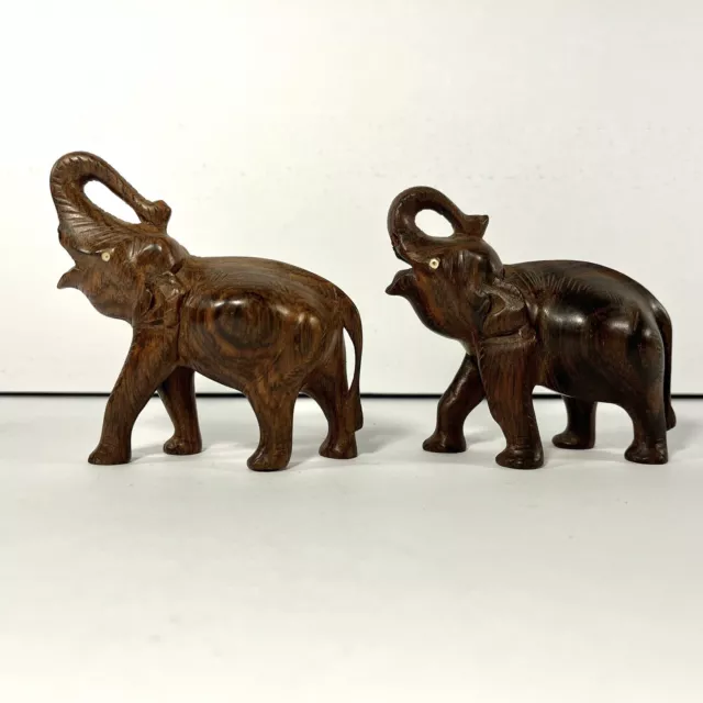 Set of 2 Vintage MCM Small Teak Handcarved Lucky Elephant Figurines Scupltures