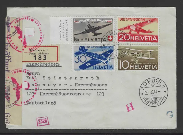 Schweiz FDC von 1944 Ersttagsbrief mit Mi.Nr. 435-438 Einschreiben / Zensurpost