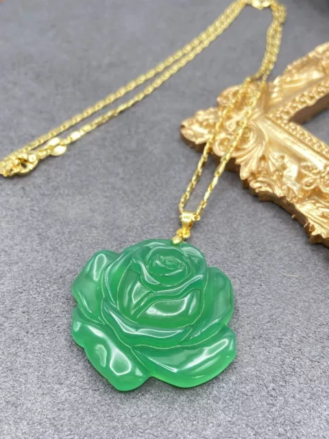 Jade Rose Flower Pendant Charm Necklace W/ 18K Gold Plated Chain Handmade Carved