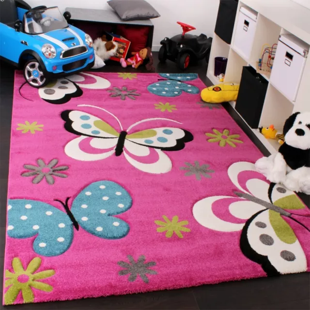 Tapis Pour Enfant Motif Papillon En Rose Crème Turquoise