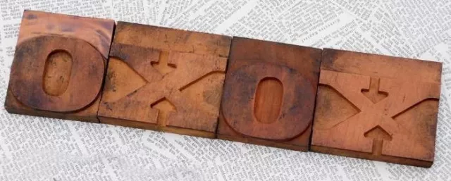 "XOXO" rare wood type woodtype font letterpress printing blocks wonderful patina
