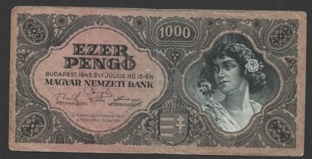 1000 PENGO VERY FINE  BANKNOTE HUNGARY  1945  PICK-118a WITHOUT STAMP