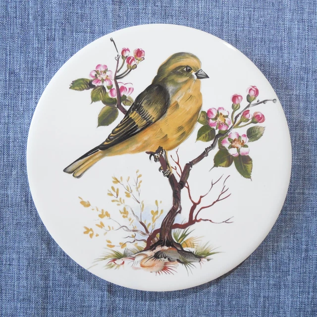H & R Johnson Round Tile Trivet from ENGLAND Yellow Songbird Pink Flowers Bird