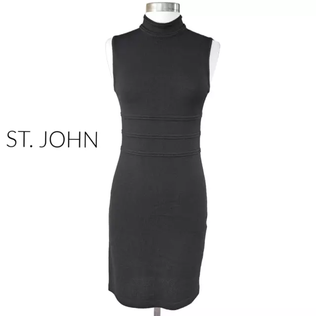 ST. JOHN Black Santana Knit Sheath Dress Sleeveless Mock Neck Size 2