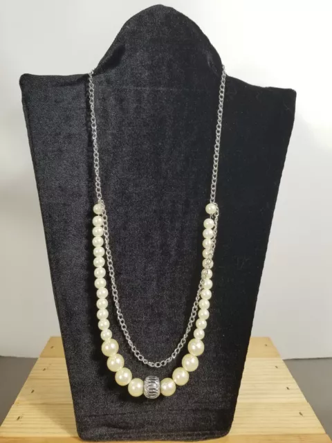 Layered Faux Pearl Necklace with Silver Toned Chain 22" Length - FASHION JEWELRY