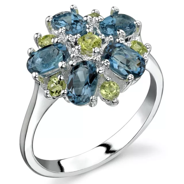 Flower Design 3,25 kt London blau Topas Peridot Ring Sterlingsilber