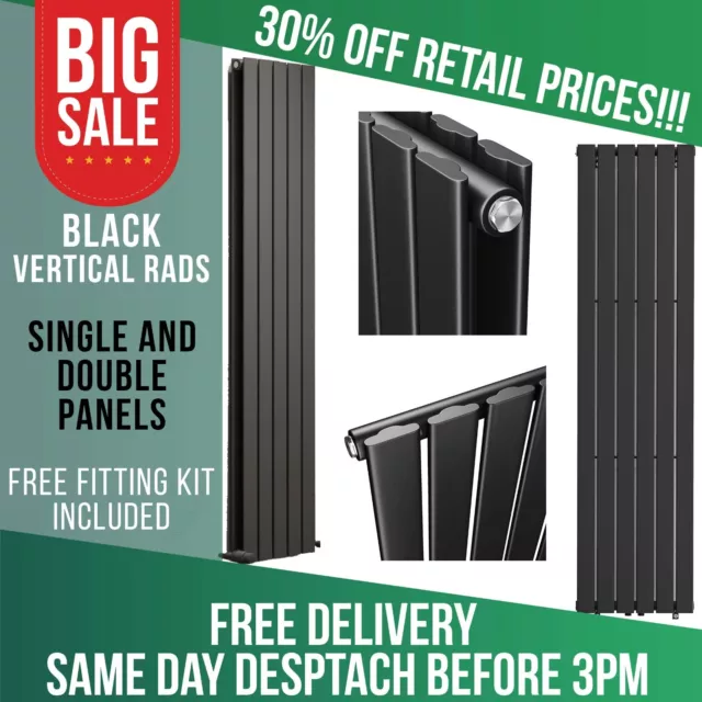 BLACK VERTICAL RADIATORS Designer Flat Panel Tall Upright Column Rads UK