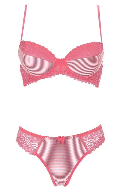 Completo di Biancheria a Righe e Pizzo Rosa Fluo, Reggiseno