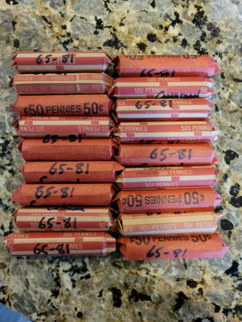 Lot of 2 rolls(100 coins) Canada One Cent Elizabeth II Penny - 1965 to 1981