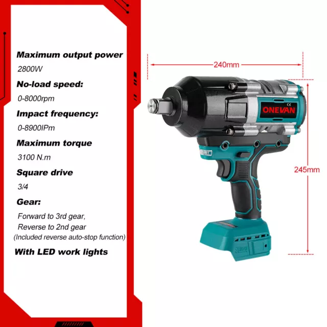 Llave de Impacto Inalámbrica de 3/4" 3100NM para batería Makita 18V (sin pila) 3