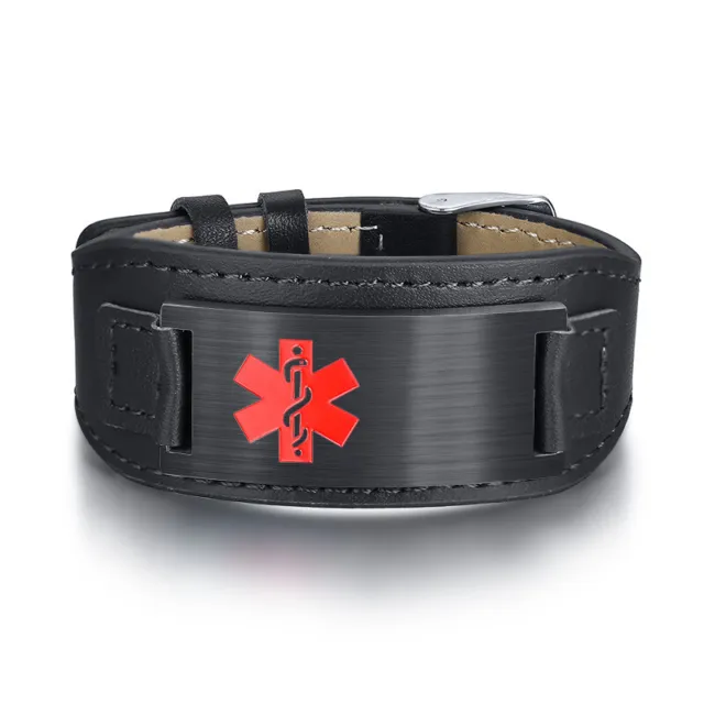 Personalized Genuine Leather Medical Alert ID Men's Bracelet Laser Engraving