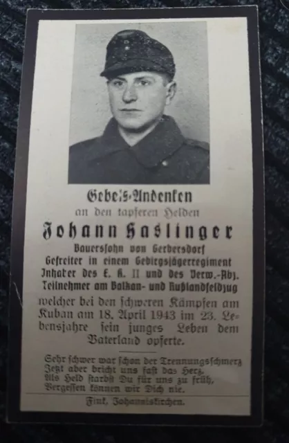 original german ww2 Death Card JOHANN HASLINGER EK2+ FELL 18APR 1943 KUBAN