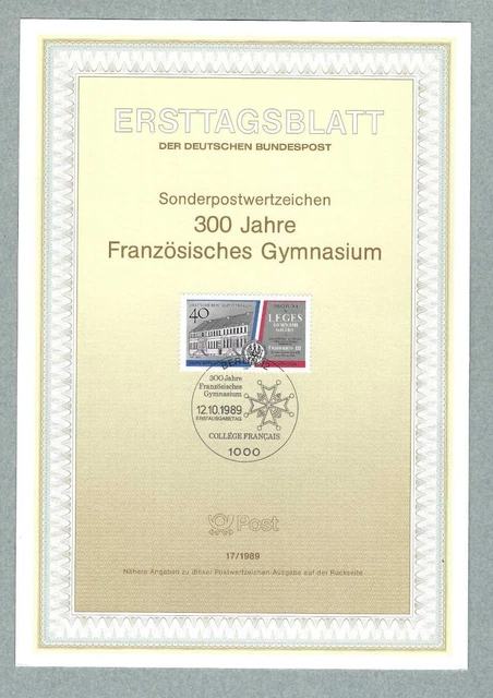 ETB, Deutsche Bundespost Berlin, Ersttagsblatt 17/1989 - 300 Jahre Französisches