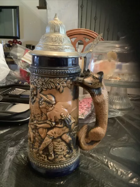 Vintage Cobalt German Beer Stein Gerz Boar Hunt Scene Fox Handle