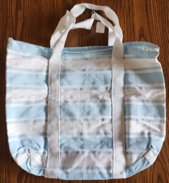 Vintage 70's? Blue & White Striped Sturdy Canvas Shopper Tote Bag 16.5x19