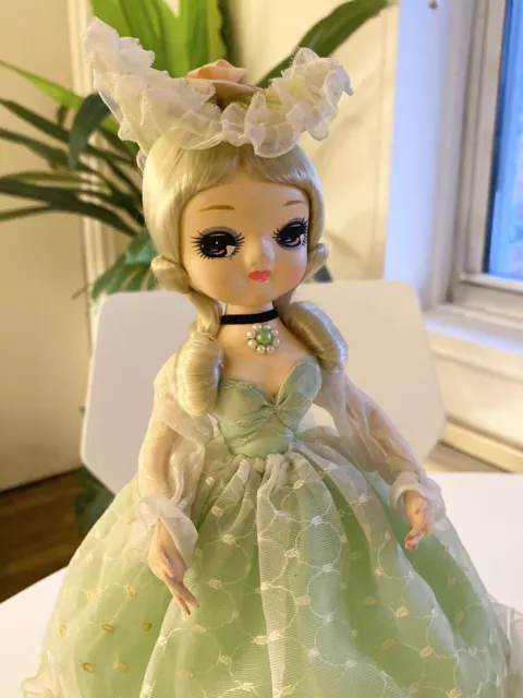 Vintage BIG EYES BRADLEY DOLL -Made in Korea-Green Dress w/ Head Piece 11.5"