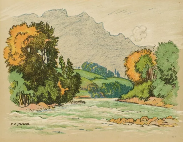 E. SCHLATTER (*1883), Gebirgsstrom, Landschaft, Siebdruck Realismus Landschaft