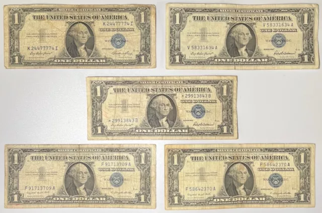 (5) Silver Certificates $1 Blue Seal Dollar Cull Bills with Star Note