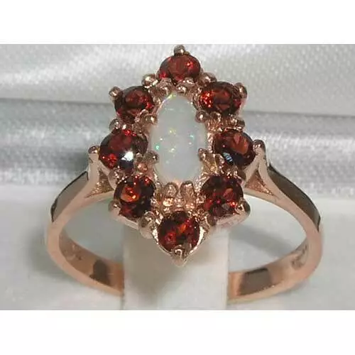 9k Rose Gold Ring with Natural Opal & Garnet Womens Statement Ring - Size