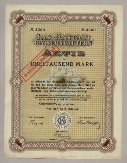 Gas-Anstalt KAISERSLAUTERN – Aktie über 3.000 Mark – vom 16. April 1923 - PFALZ