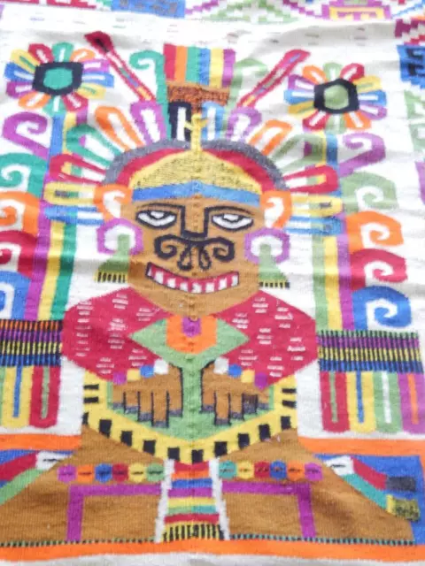 Lrg Vintage Pictorial Mexican Maya Aztec Tribal Rug Blanket Weaving 68 X 80" 3