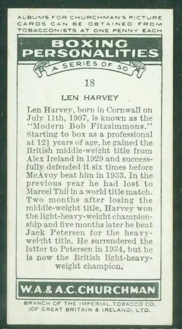 1938 Churchman's Cigarettes Boxing, #18, Len Harvey, English Boxer 2